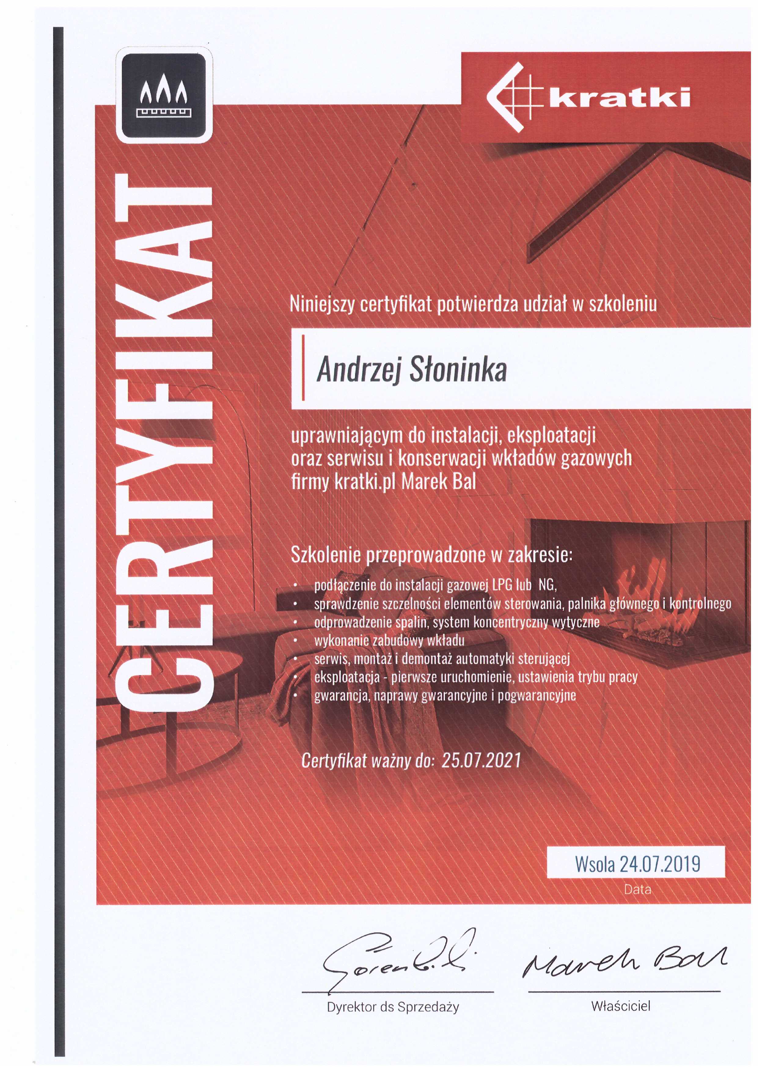 Certyfikat otrzymany przez firmę Kominki Lexus Andrzej Słoninka